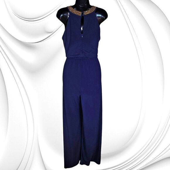 Shelby and Palmer navy blue gold accent Egyptian collar jumpsuit - Picture 4 of 5